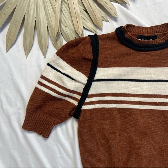 En Saison Brown Earthy Striped Puff Sleeve Black Neutral knit Sweater Size XS - Picture 2 of 7